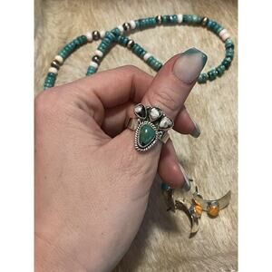 Native American Southwest Sterling Silver White Buffalo Green Turquoise Ring Adj